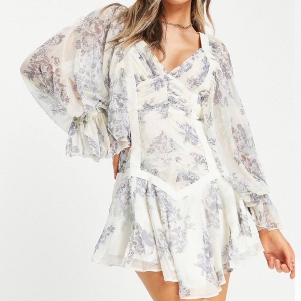 ASOS Design Women Blue Floral Shirred Ruched Puff Sleeve Mini Dress Size 4